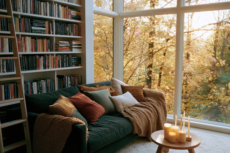 Dark green sofa with cushions and throw blanket in a living room corner by a large window overlooking autumn trees, with candles on a side table and a bookshelf nearby