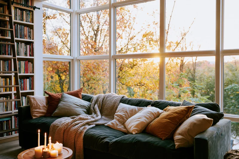 Dark green sofa with cushions and throw blanket in a living room corner by large windows overlooking autumn trees, candles lit on a side table