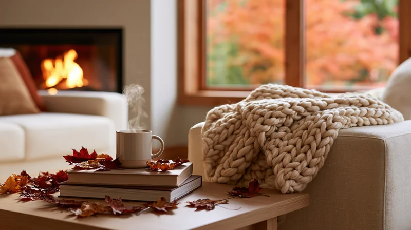 Cozy living room with steaming coffee mug on books near fireplace and autumn leaves on table