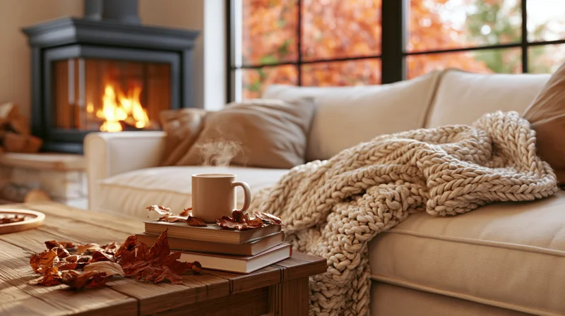Cozy living room with cream sofa, knitted blanket, steaming coffee mug on books, fireplace burning, autumn leaves on table and window view