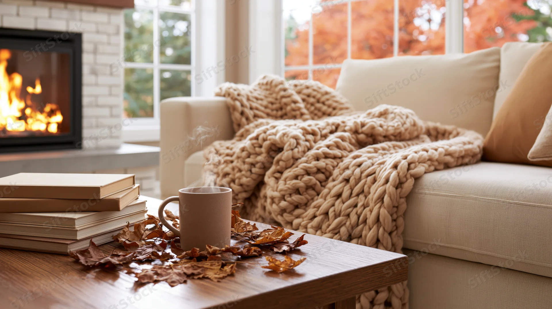 Cream sofa draped in chunky knit blanket beside fireplace with steaming mug and books on wooden table near window showing autumn trees