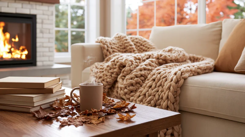 Cream sofa draped in chunky knit blanket beside fireplace with steaming mug and books on wooden table near window showing autumn trees