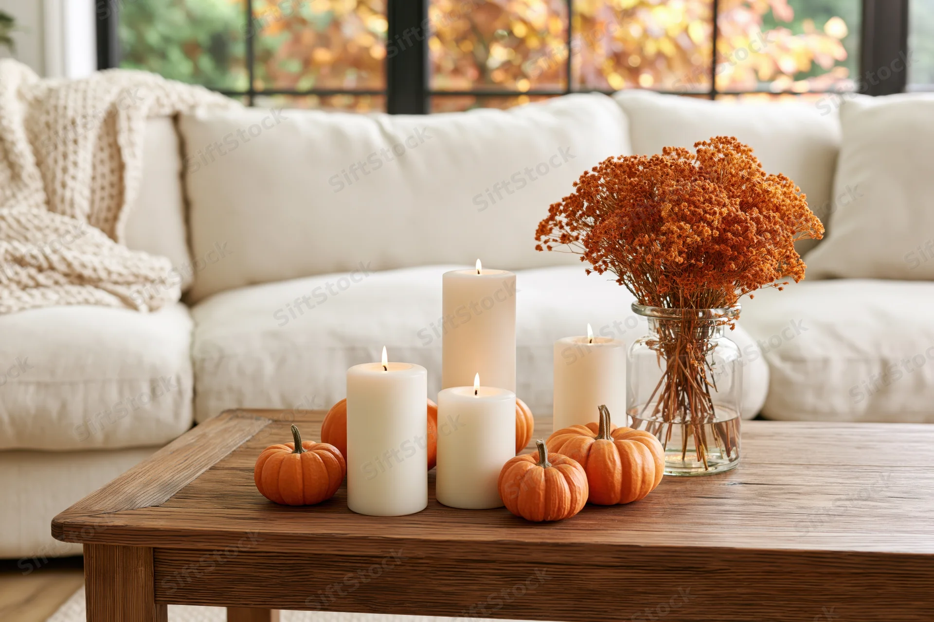 Wooden coffee table with lit candles, small pumpkins and dried flowers in a vase, in a cozy living room with a white sofa and autumn foliage visible through the window