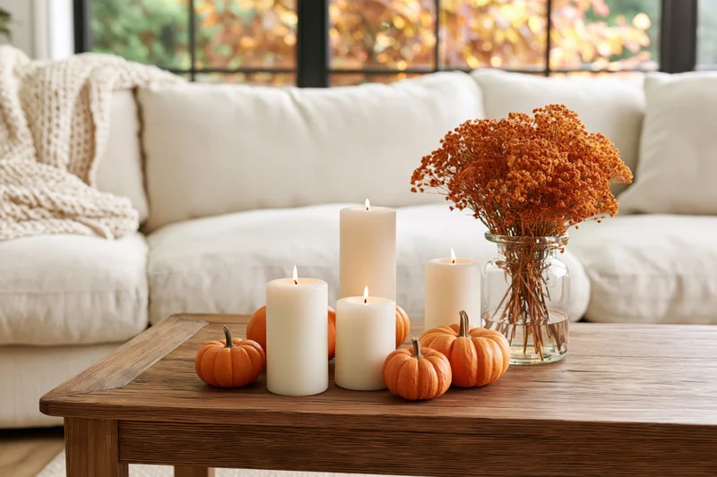 Wooden coffee table with lit candles, small pumpkins and dried flowers in a vase, in a cozy living room with a white sofa and autumn foliage visible through the window
