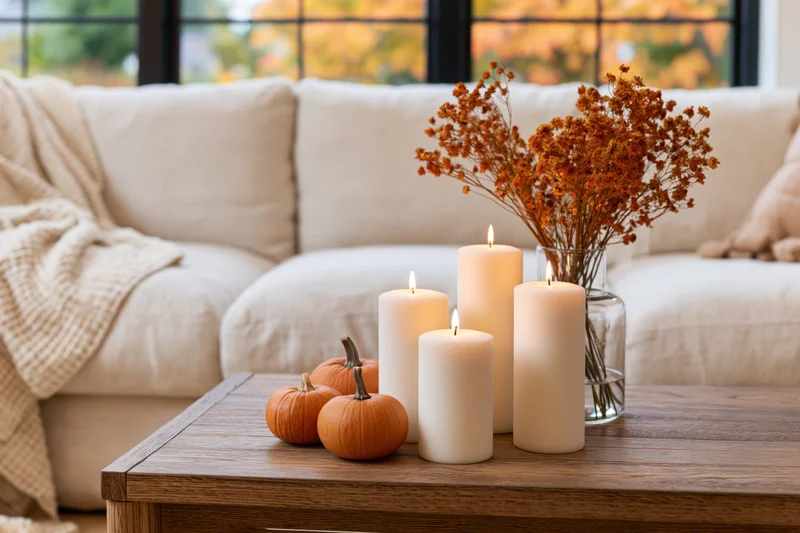 Lit candles and small pumpkins arranged on a wooden coffee table in a cozy living room with a sofa and autumn foliage visible through the window
