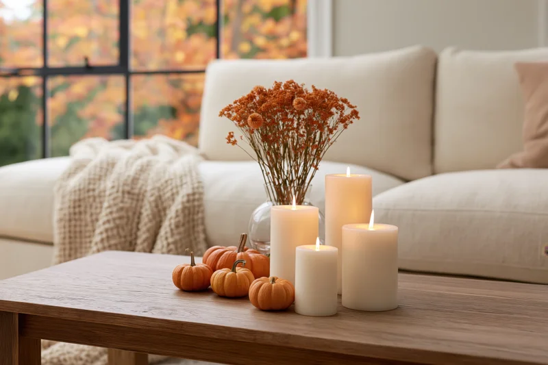 Lit candles and small pumpkins arranged on a wooden coffee table in a cozy living room with autumn foliage visible through the window