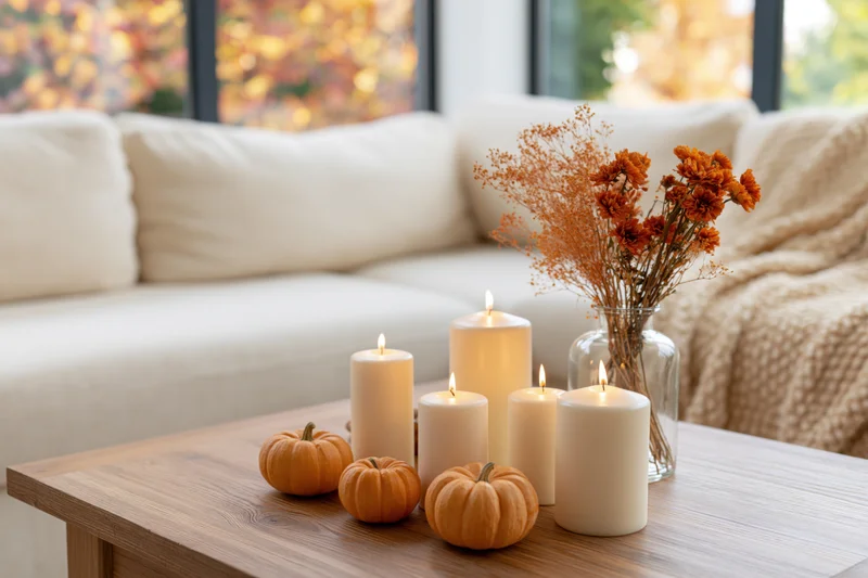 Lit candles and small pumpkins arranged on a wooden coffee table in a cozy living room with autumn foliage visible through the window