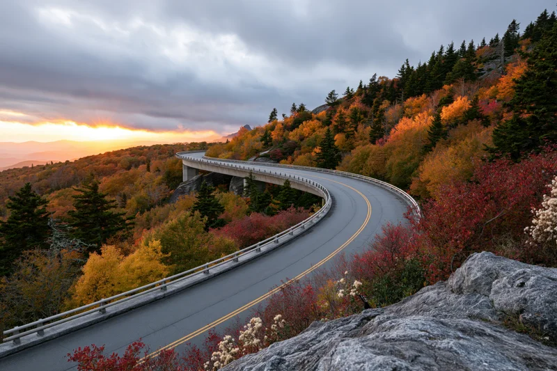 Curved concrete viaduct highway winding through autumn forested mountains at sunset