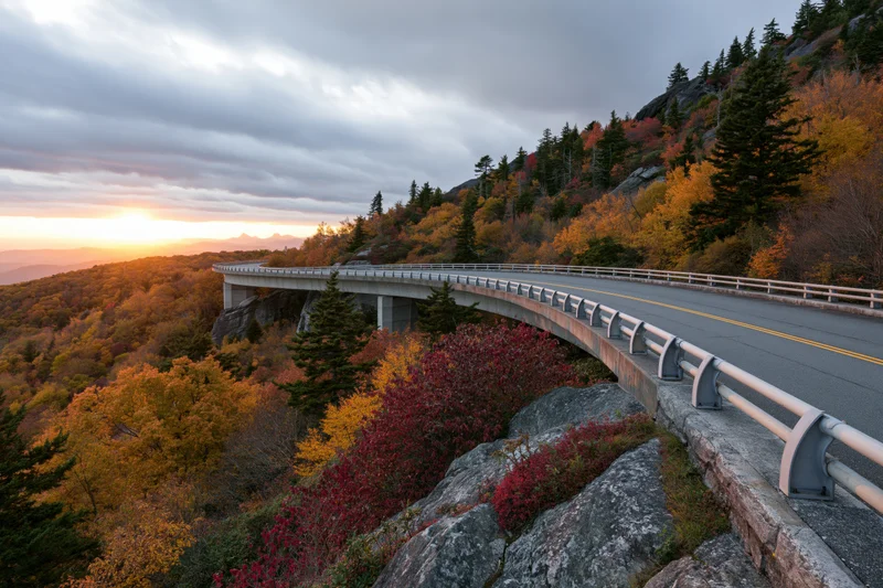 Curved concrete viaduct highway winding through autumn forested mountains at sunset