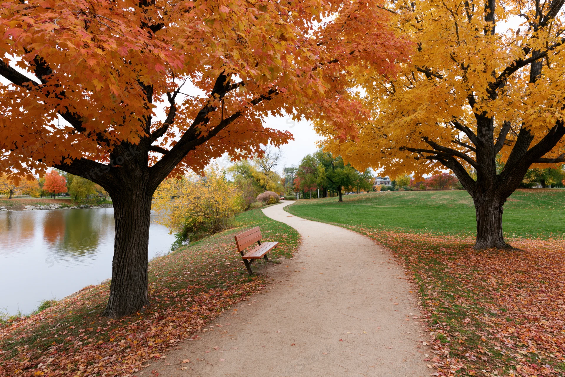 Curved path winding through a park lined with autumn trees beside a lake