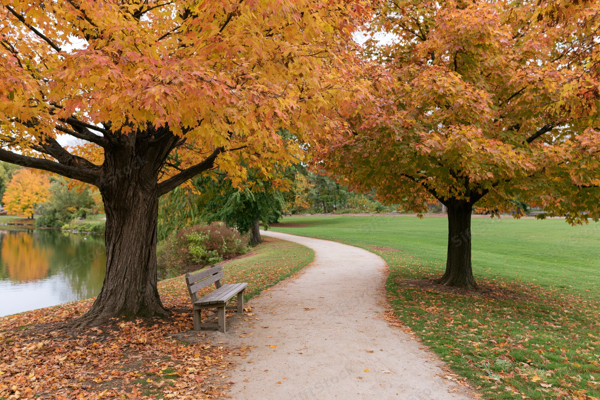 Curved path winding through a park lined with autumn trees beside a lake