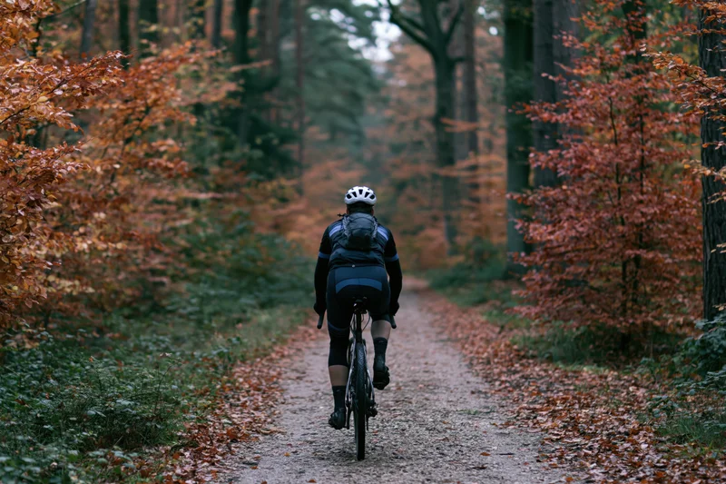 Cyclist riding away on gravel path through autumn forest