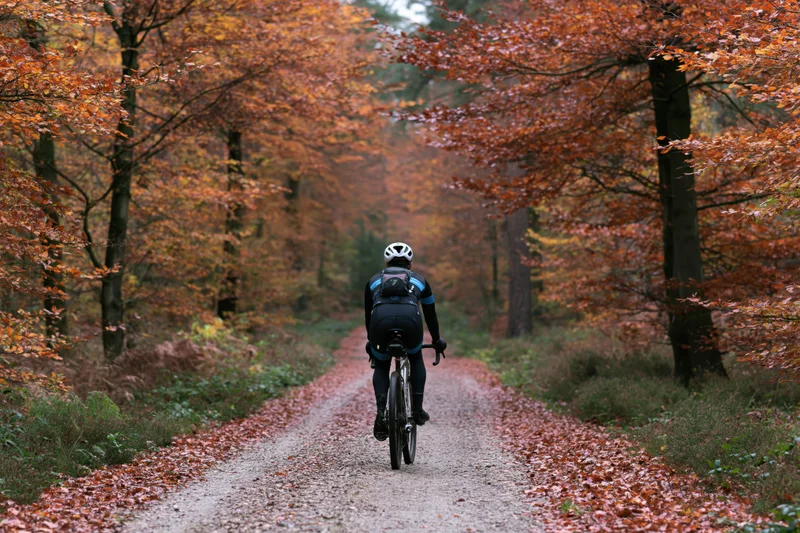 Cyclist riding away on gravel path through autumn forest