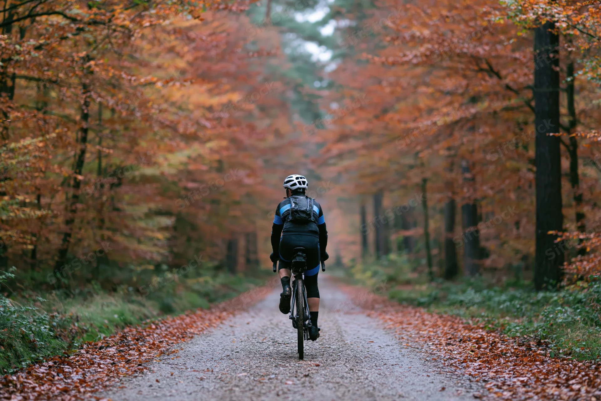 Cyclist riding away on gravel path through autumn forest