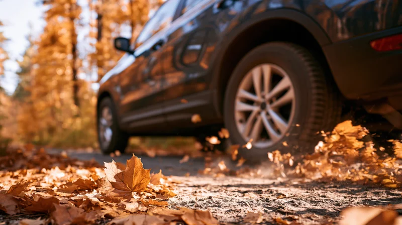 Dark suv driving on forest road kicking up autumn leaves