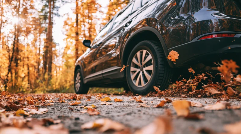 Black suv driving on forest road kicking up autumn leaves