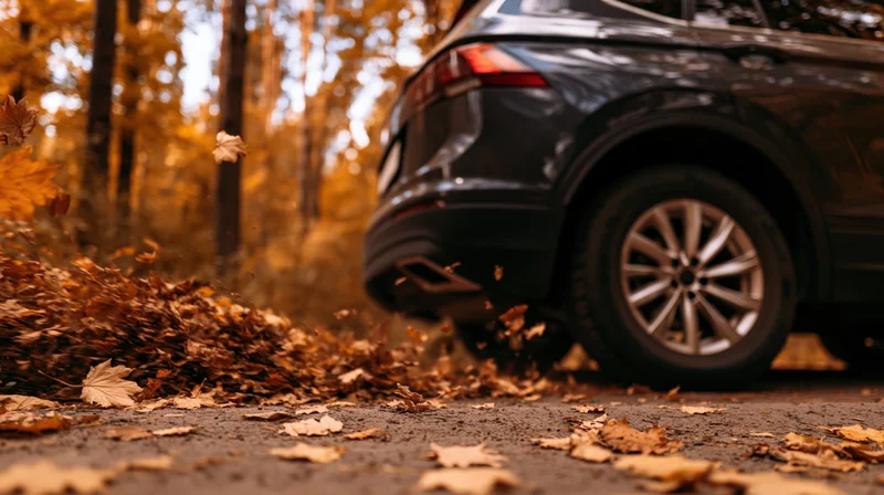 Dark suv driving on forest road kicking up autumn leaves