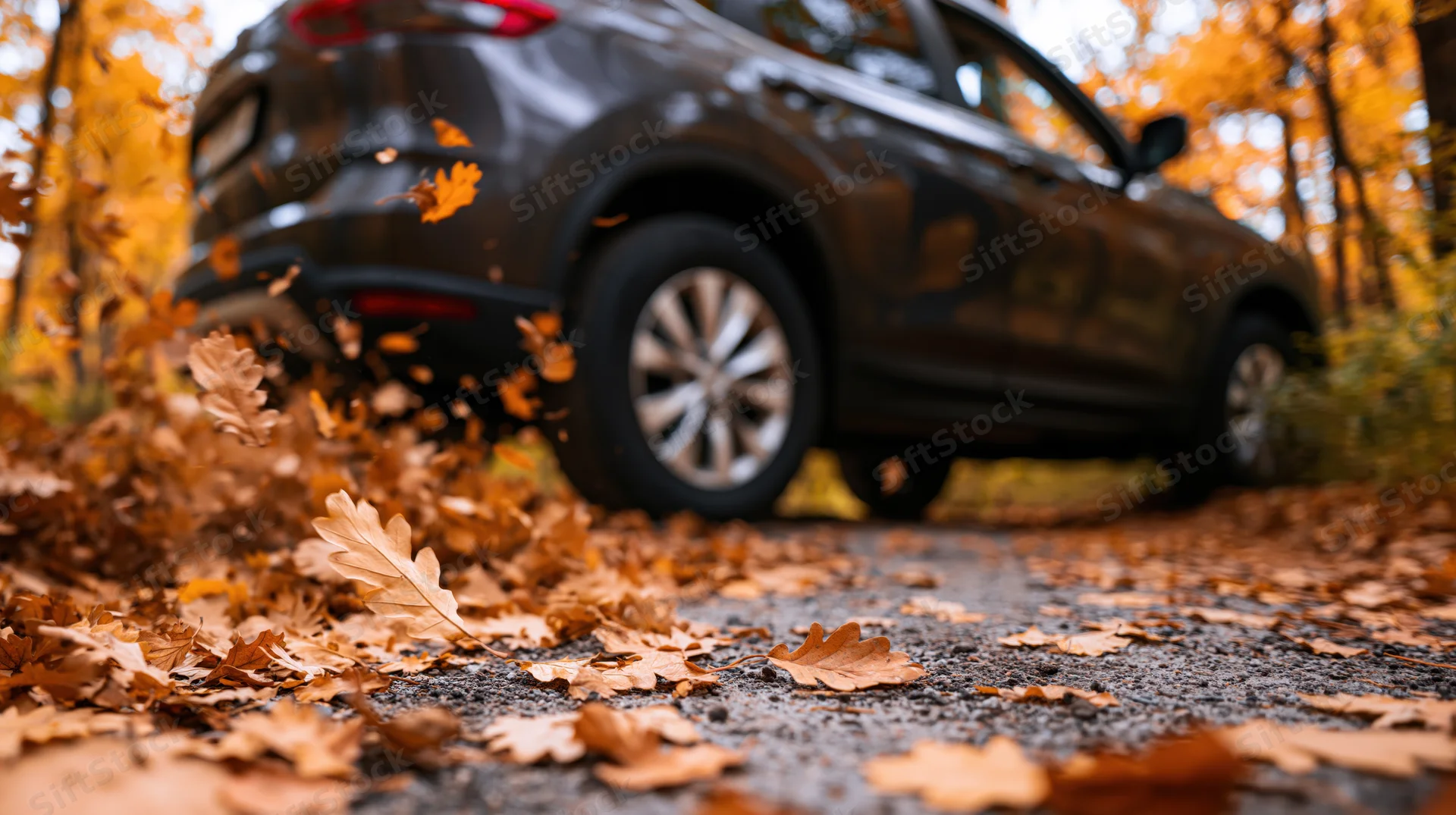 Dark suv driving on forest road kicking up autumn leaves