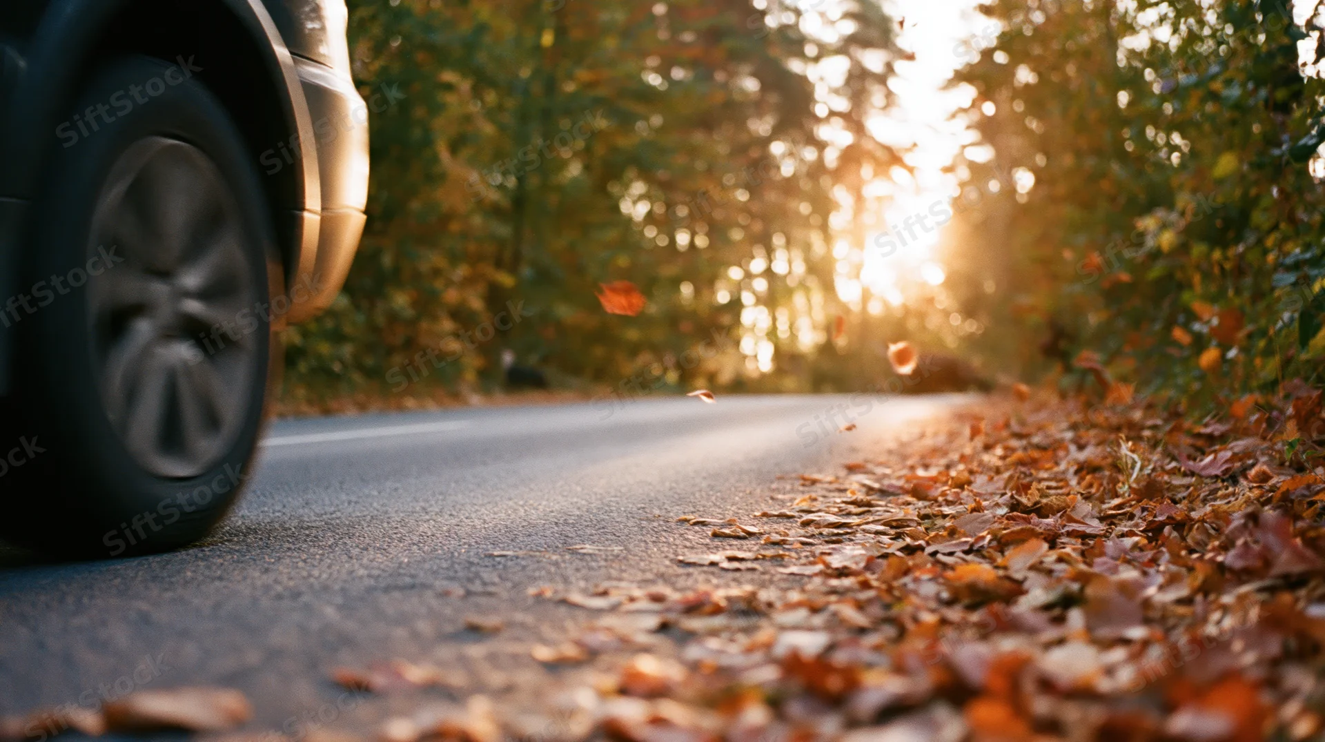 Dark suv driving on leaf-covered asphalt road through forest at sunset