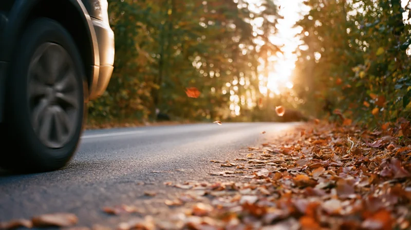Dark suv driving on leaf-covered asphalt road through forest at sunset