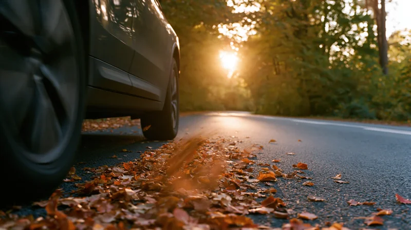 Dark suv driving past on leaf-covered asphalt road at sunset in forest