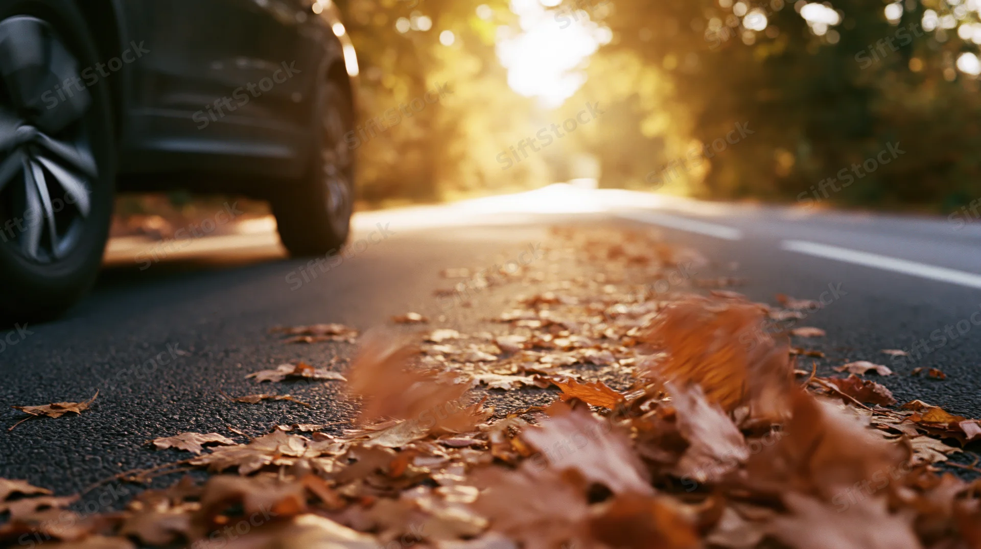 Dark suv driving on leaf-covered asphalt road in autumn forest at golden hour