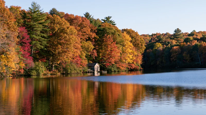 Calm lake reflecting autumn forest colors along shoreline with small wooden dock and cabin