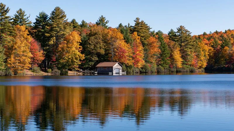 Calm lake reflecting autumn forest and small wooden cabin on shoreline