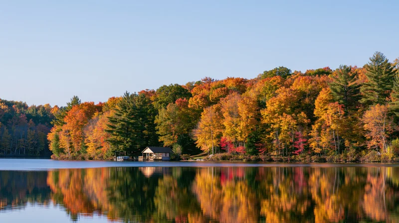 Autumn forest reflecting in calm lake water with small wooden cabin on shore