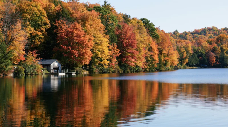 Autumn forest reflecting in calm lake water along shoreline with small wooden dock and cabin