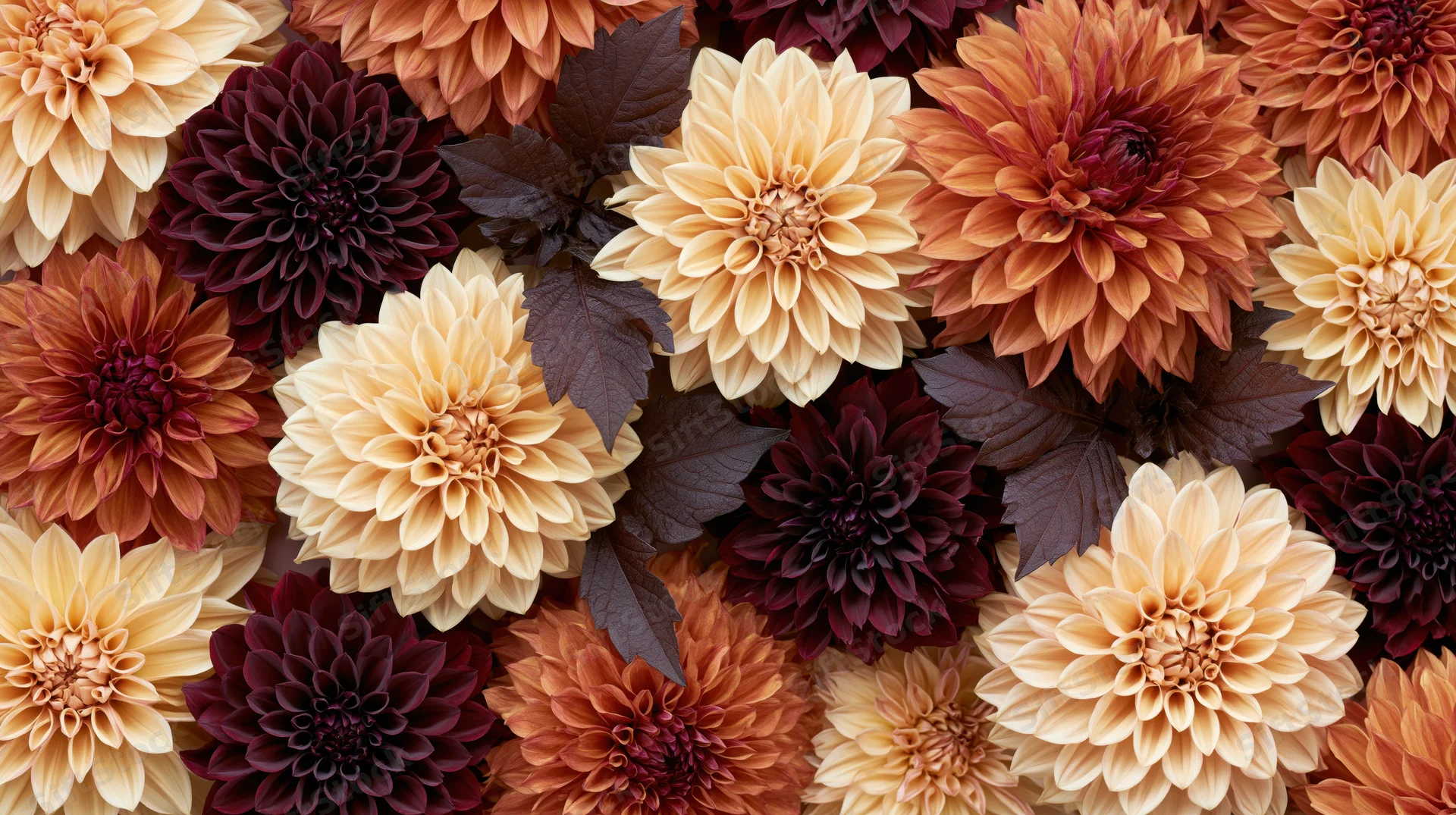 Dense flat lay of autumn dahlias in full bloom filling the frame with layered petals and dark leaves