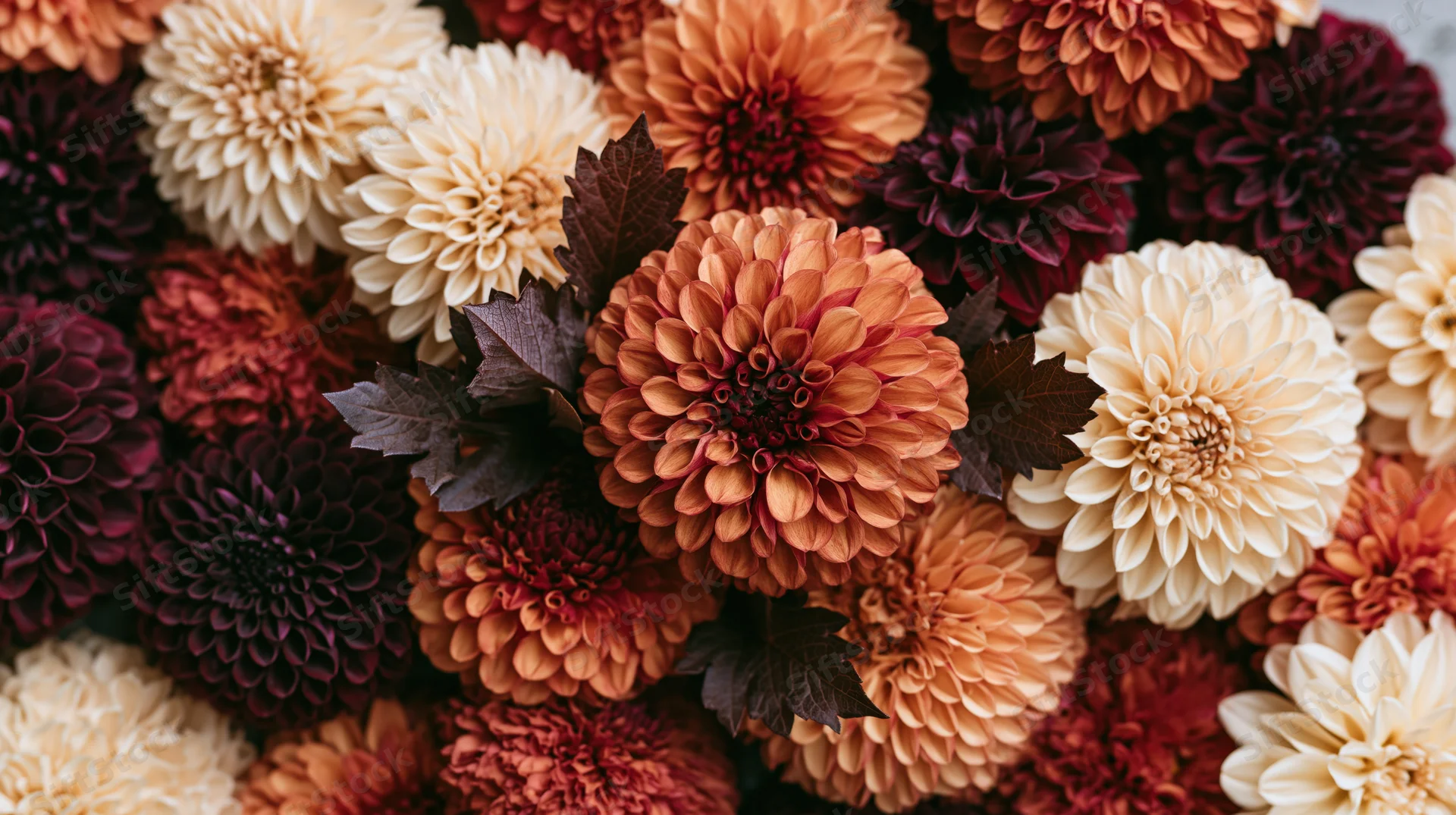 Dense flat lay of autumn dahlias in full bloom filling the frame with layered petals and dark leaves