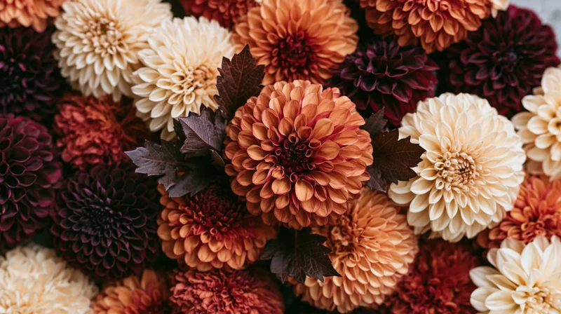Dense flat lay of autumn dahlias in full bloom filling the frame with layered petals and dark leaves