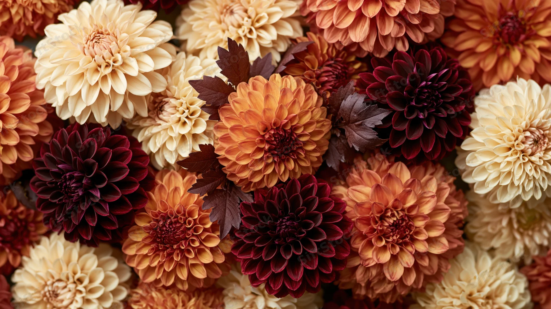 Dense flat lay of autumn dahlias in full bloom filling the frame