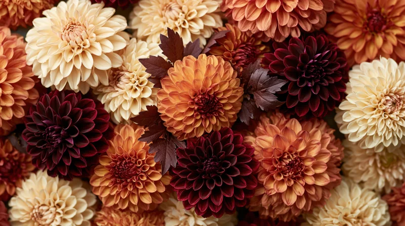 Dense flat lay of autumn dahlias in full bloom filling the frame