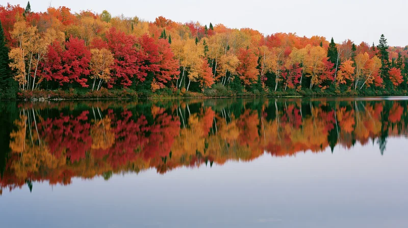 Dense mixed forest at peak autumn foliage reflected in calm lake water