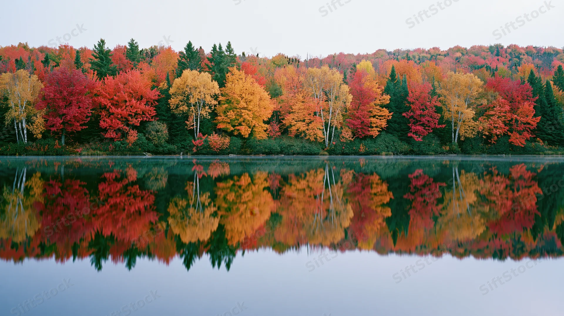 Dense mixed forest at peak autumn foliage reflected in calm lake water