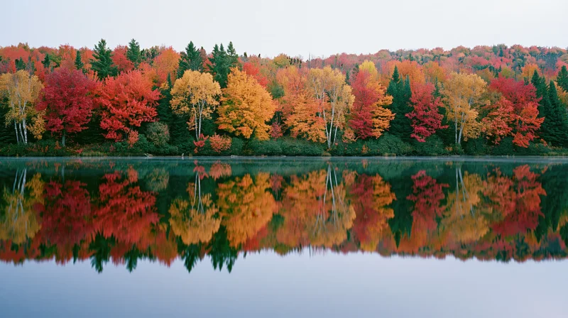 Dense mixed forest at peak autumn foliage reflected in calm lake water