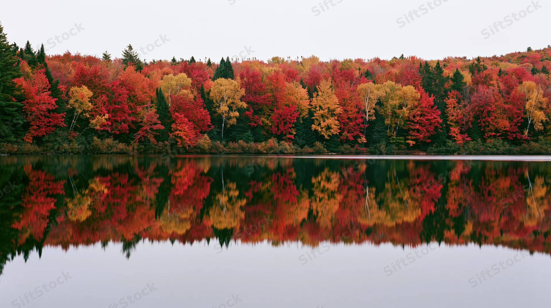 Dense mixed forest at peak autumn foliage reflected in calm lake water