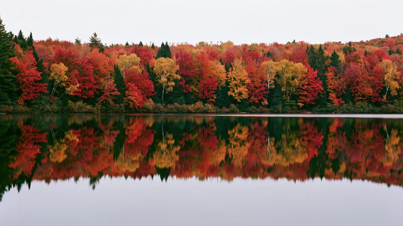 Dense mixed forest at peak autumn foliage reflected in calm lake water