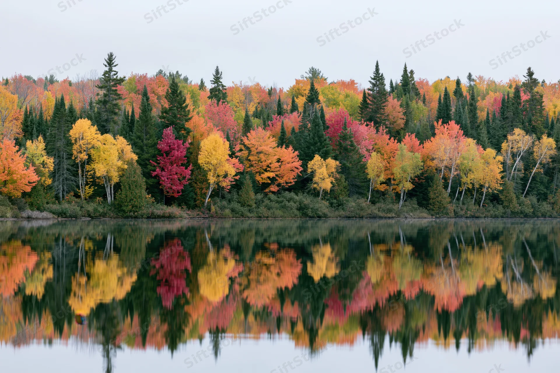 Dense mixed forest at peak autumn foliage lining the far shore of a calm lake with perfect reflection
