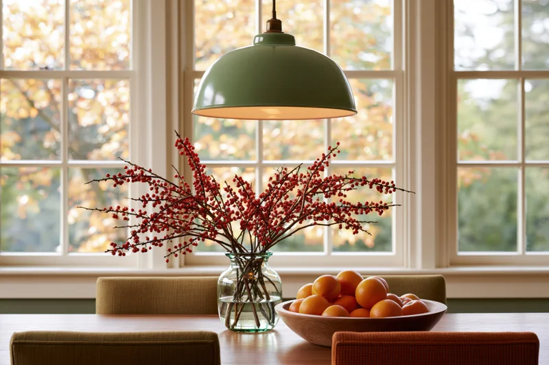 Dining room table with glass vase of red berry branches and bowl of oranges under pendant light by window