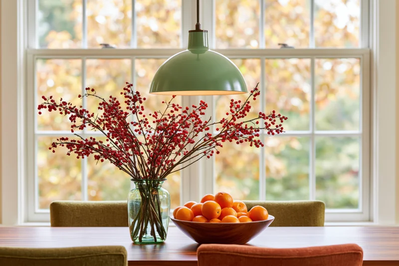 Dining room table with glass vase of red berry branches and bowl of oranges near window