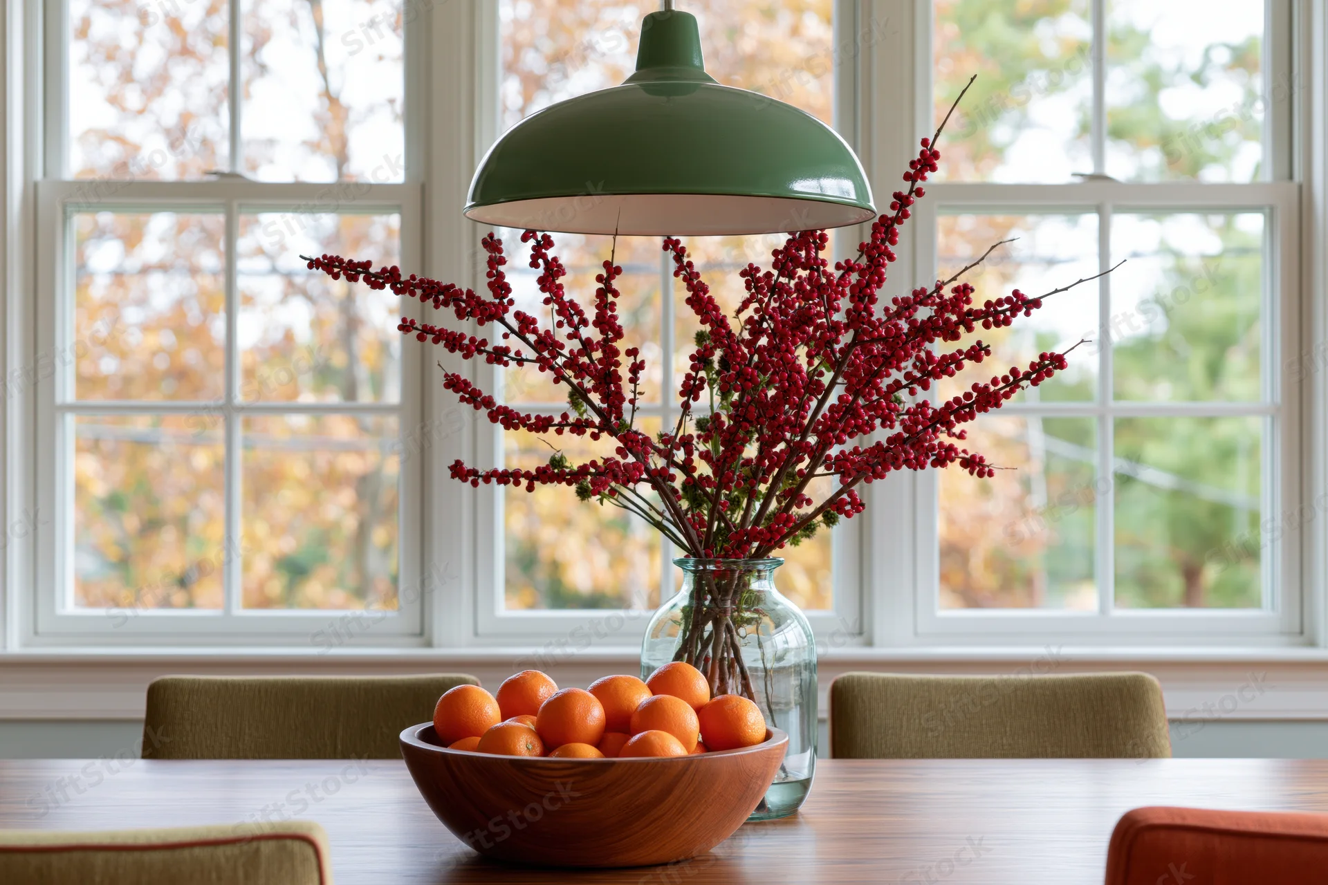 Dining room table with a glass vase of red berry branches and a wooden bowl of oranges under a green pendant light by a window with autumn foliage outside