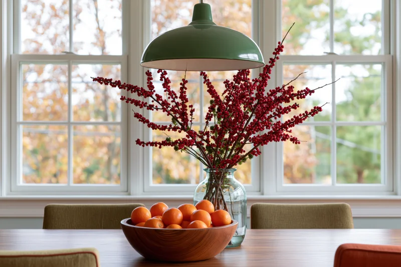 Dining room table with a glass vase of red berry branches and a wooden bowl of oranges under a green pendant light by a window with autumn foliage outside