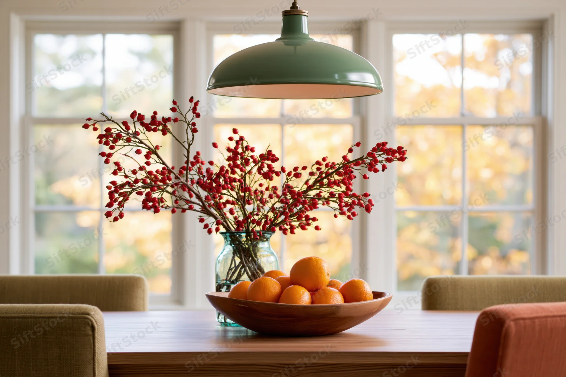 Dining room table with glass vase of red berry branches and bowl of oranges under pendant light near windows