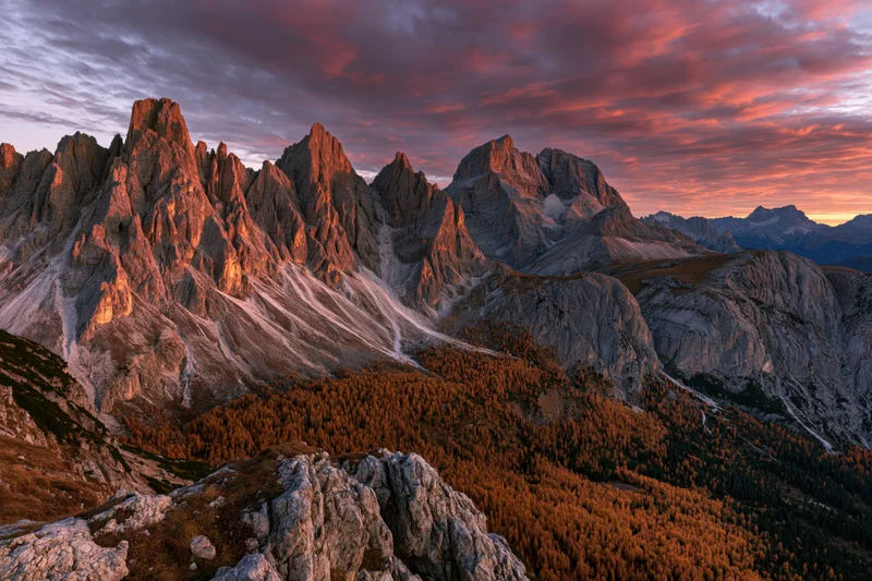 Massive limestone peaks of the dolomites at sunset with autumn forest below
