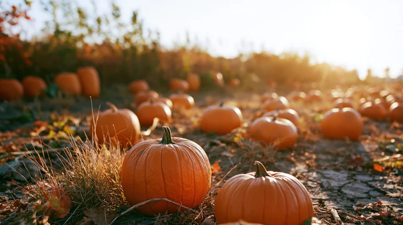 Pumpkins scattered across a dry autumn field under warm sunlight