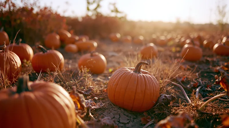Pumpkins scattered across a dry autumn field at sunset