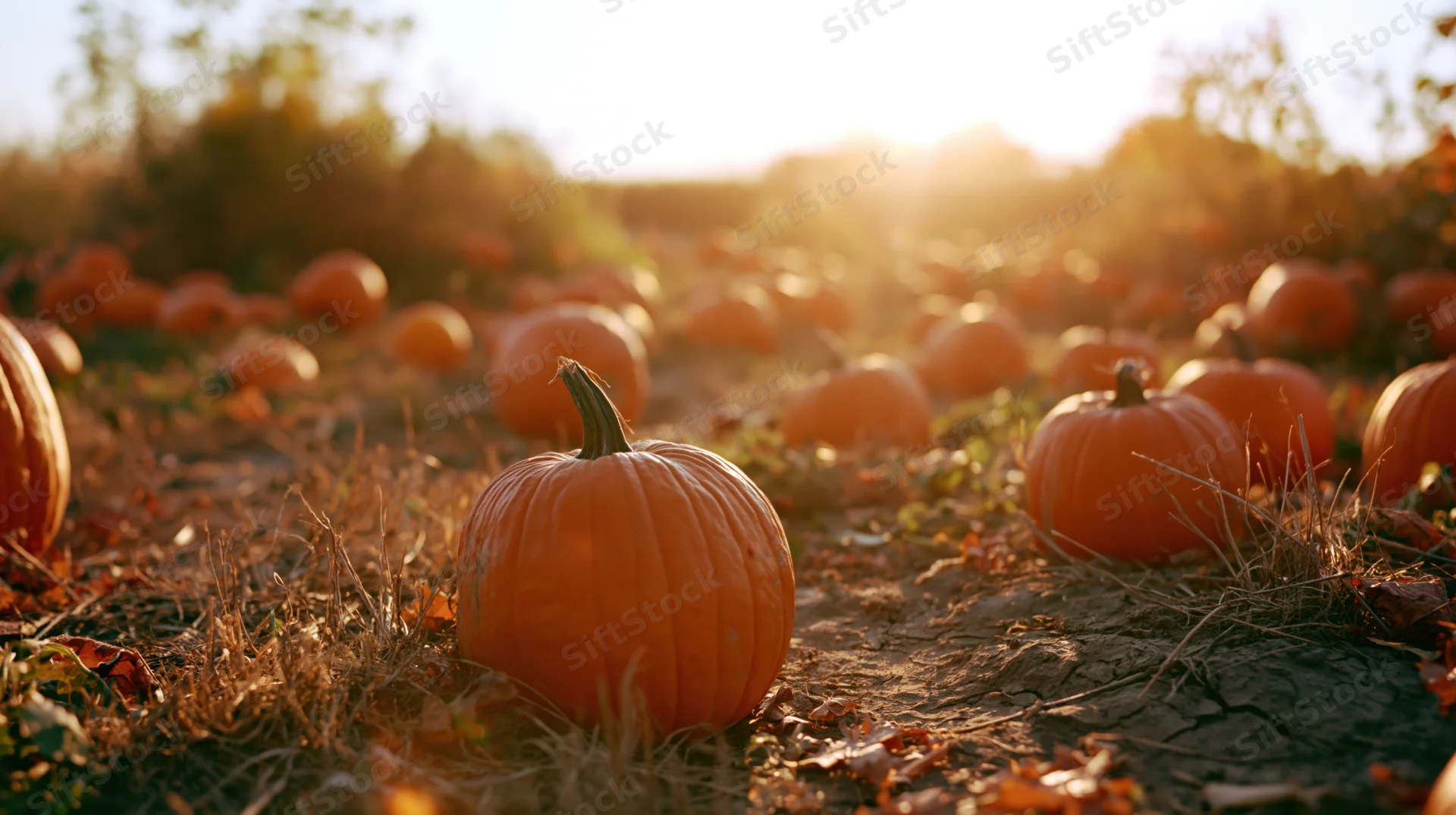 Pumpkins scattered across a dry autumn field under warm sunlight